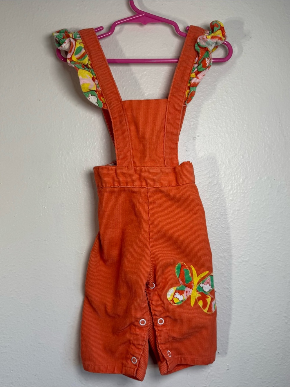 Vintage Romper Girl 6-9 Months? Orange 70s Butterfly Corduroy Overalls